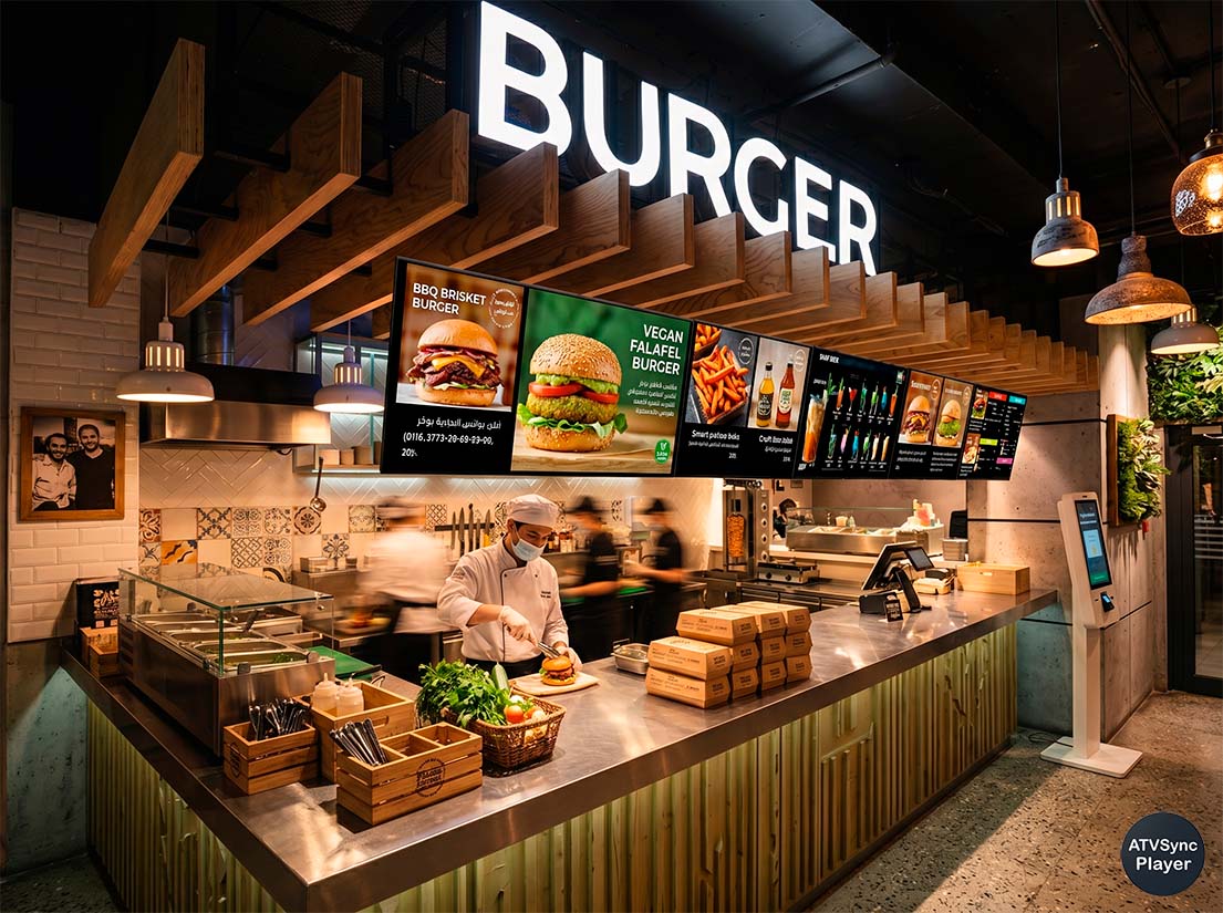 Digital menu screens in restaurant